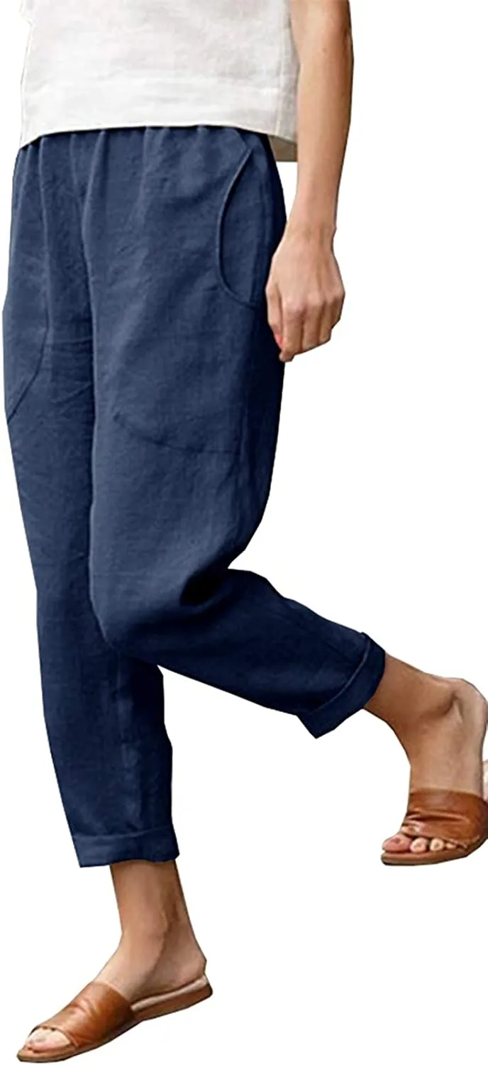 FashionSierra - Casual Cotton Tapered Capri Cargo Pants Loose Elastic Waist Ankle Cropped Trouser