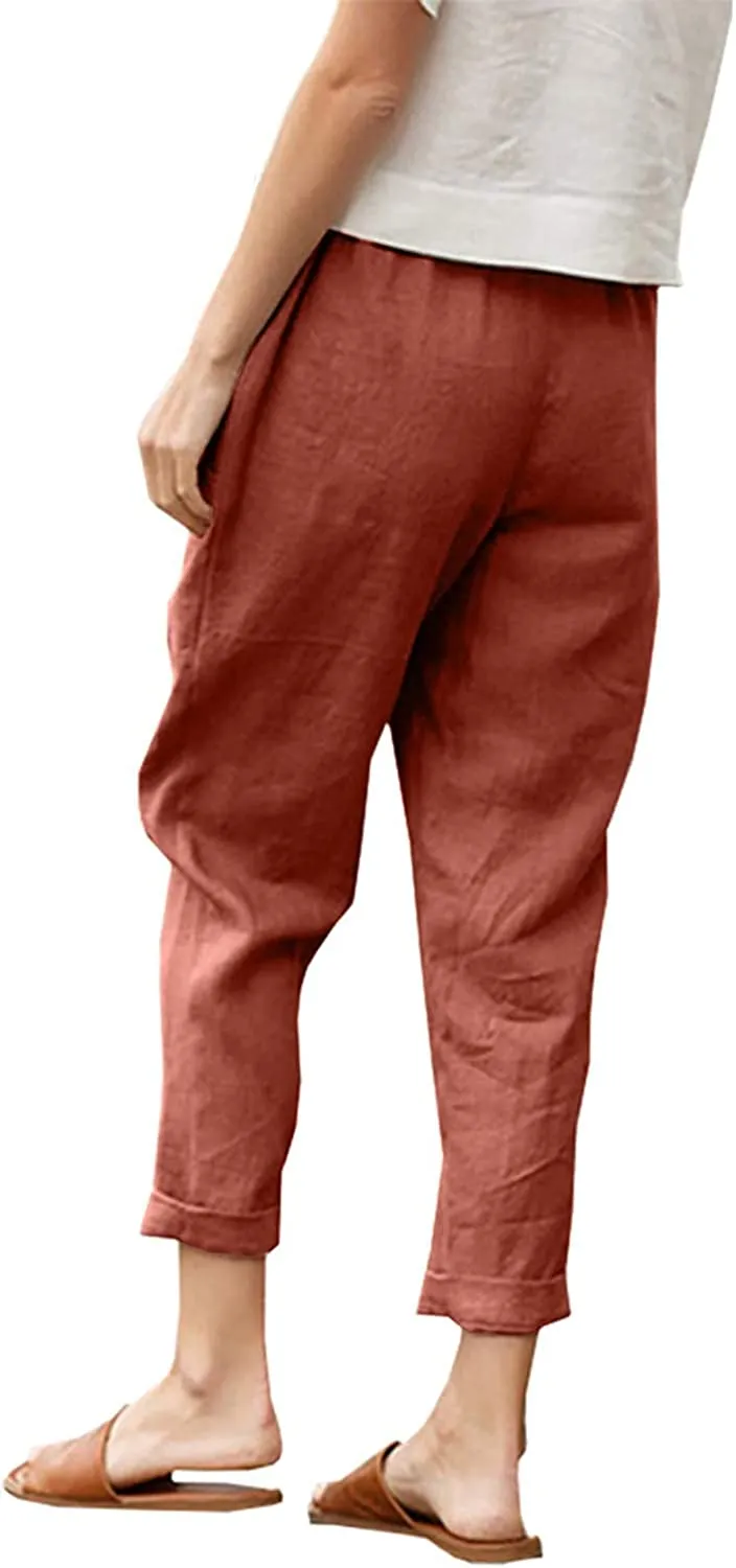 FashionSierra - Casual Cotton Tapered Capri Cargo Pants Loose Elastic Waist Ankle Cropped Trouser