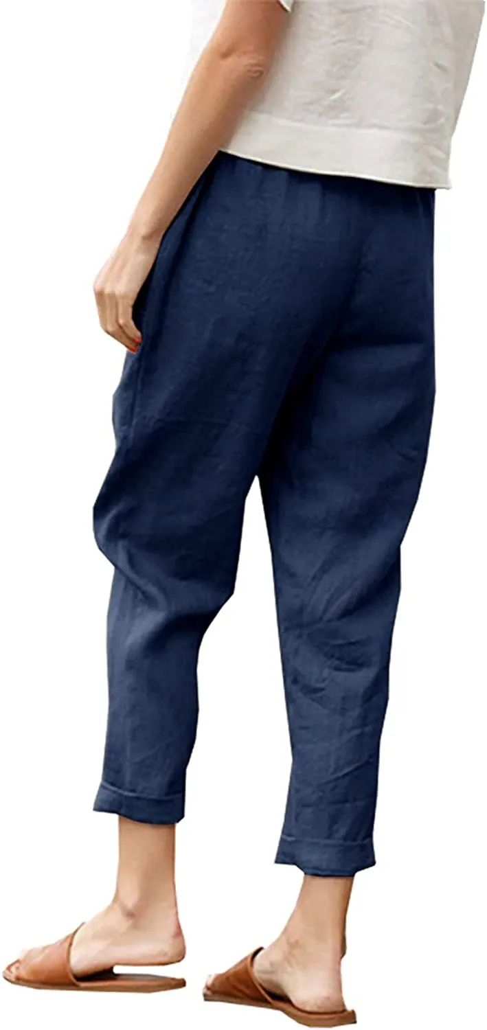 FashionSierra - Casual Cotton Tapered Capri Cargo Pants Loose Elastic Waist Ankle Cropped Trouser