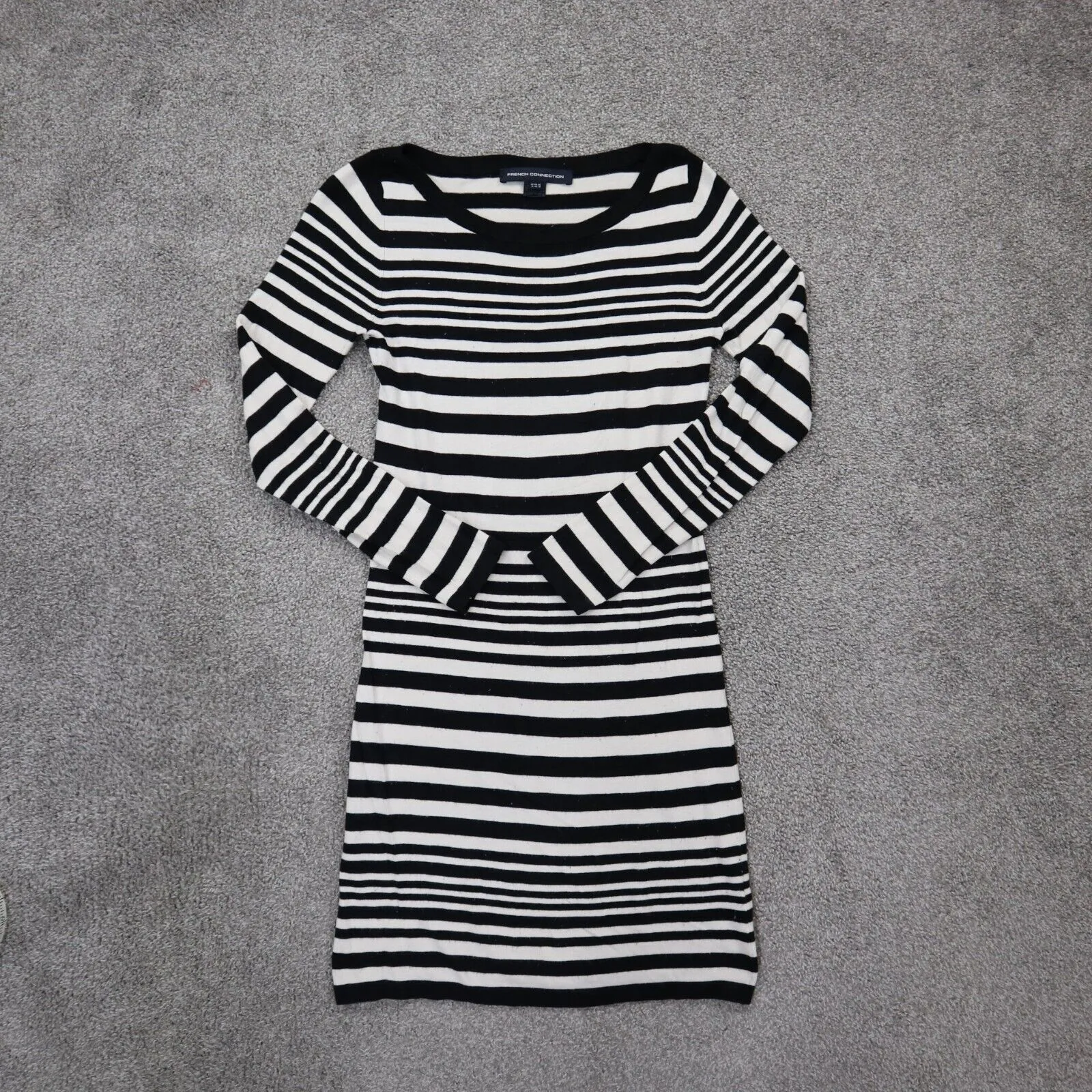 French Connection Womens Striped Sweater Dress Round Neck White Black Size 10