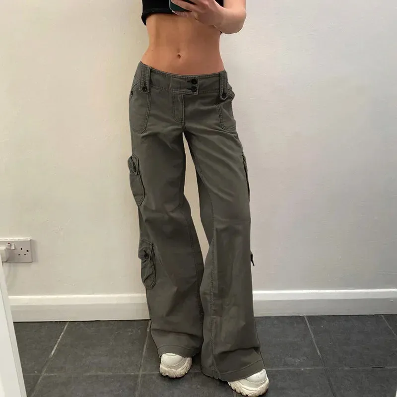 Girlary Button Low Waist Y2K Denim Pants Women Pockets Stitching Straight Cargo Pants Vintage Casual Gray Streetwear Jeans