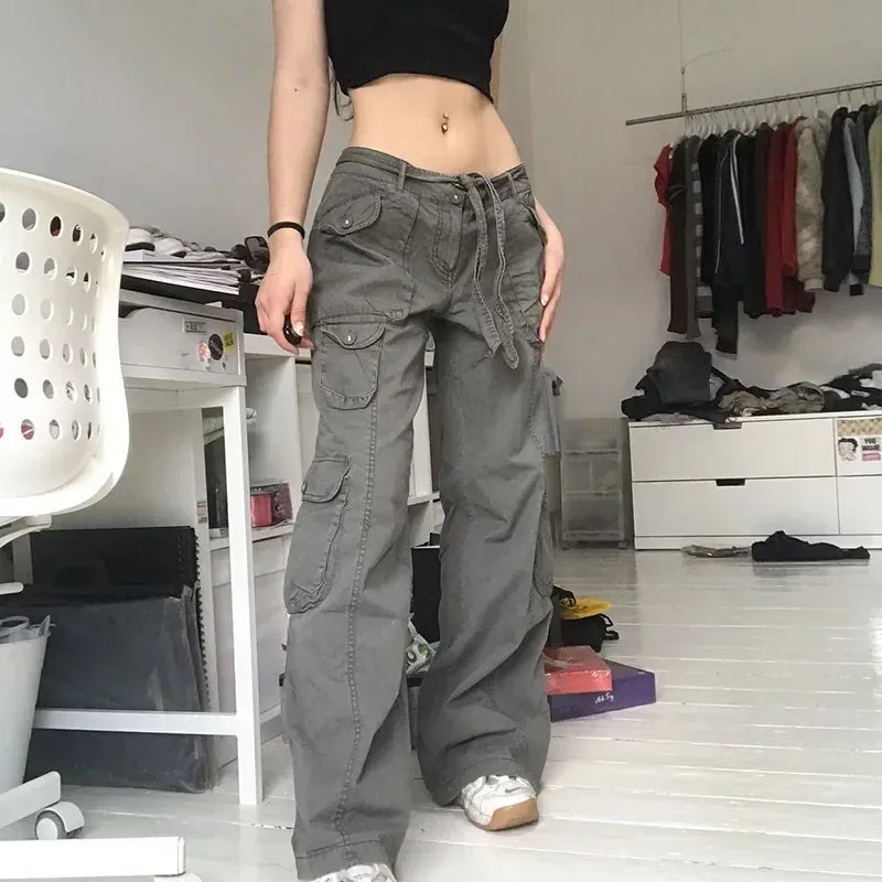 Girlary Button Low Waist Y2K Denim Pants Women Pockets Stitching Straight Cargo Pants Vintage Casual Gray Streetwear Jeans