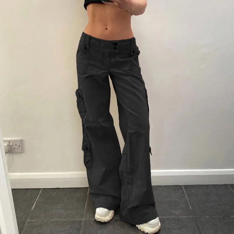 Girlary Button Low Waist Y2K Denim Pants Women Pockets Stitching Straight Cargo Pants Vintage Casual Gray Streetwear Jeans