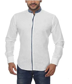 Globalrang Men'S Stand Collar Linen Blend Shirt With Denim Pattern_White_Medium