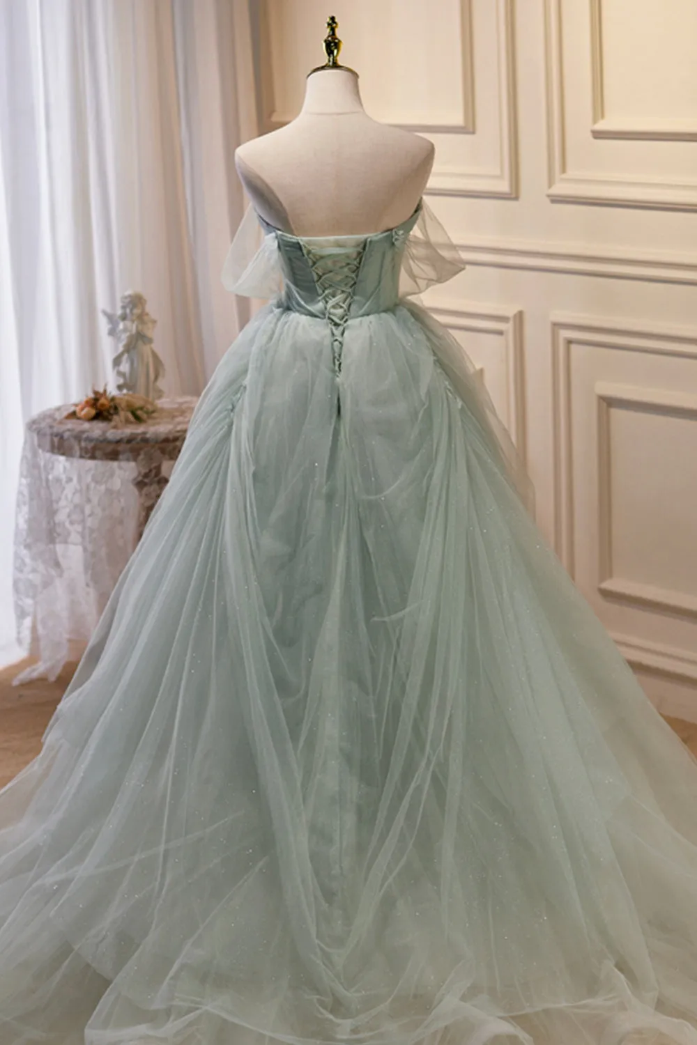 Green Sweetheart Beaded Tulle Long Prom Dress, Green Evening Dress