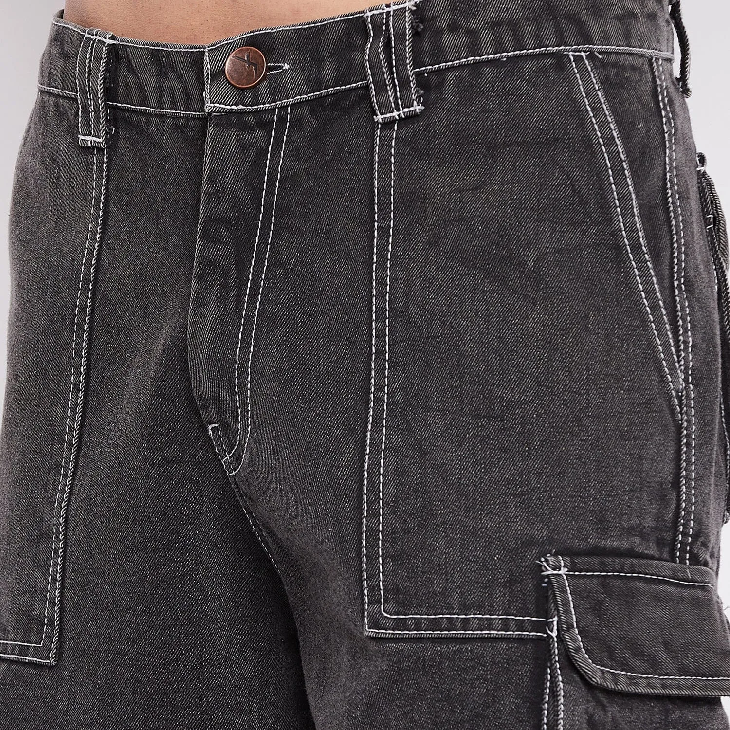 Grey Washed Carpenter Cargo Denim Shorts