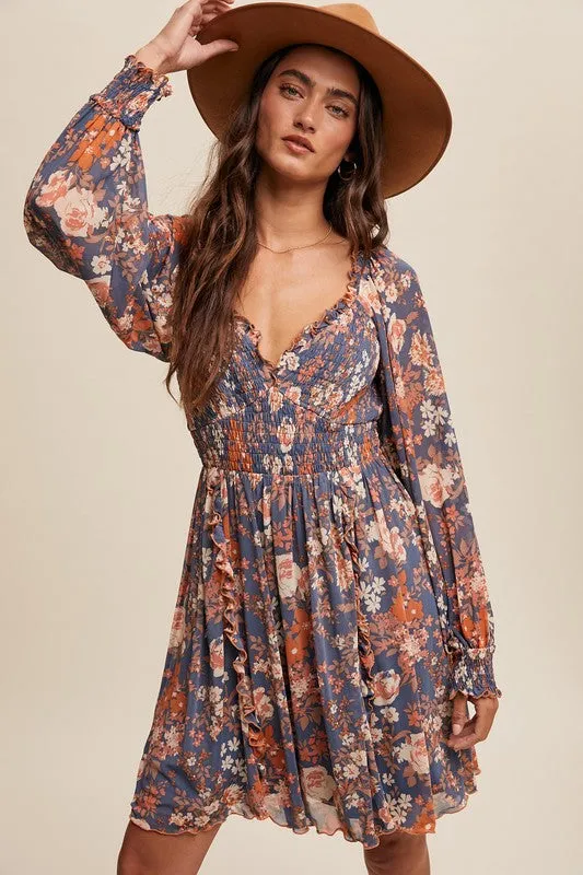 Hannah Floral Print Mesh Smocked Long sleeve Dress