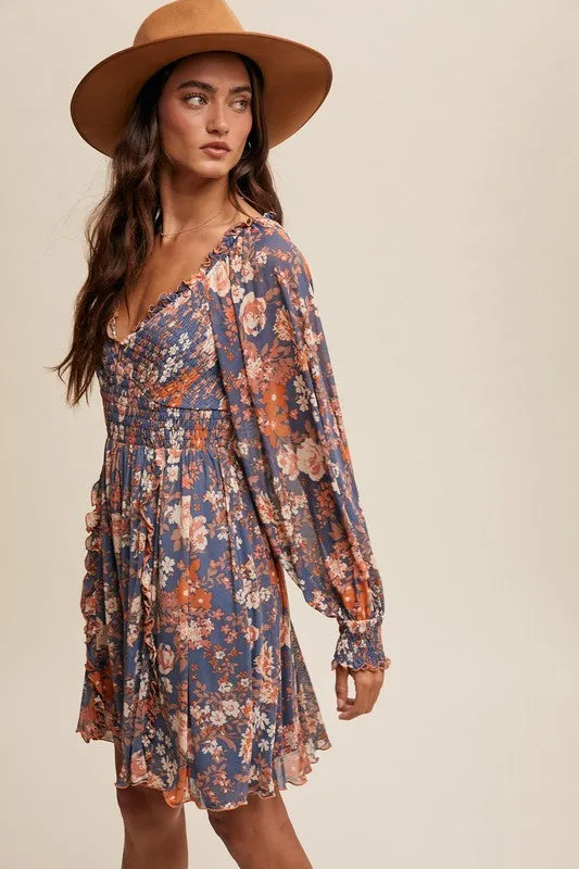 Hannah Floral Print Mesh Smocked Long sleeve Dress