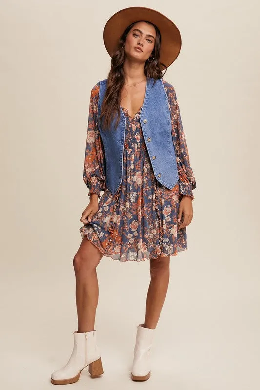 Hannah Floral Print Mesh Smocked Long sleeve Dress