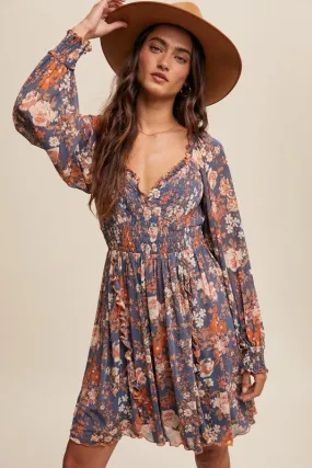 Hannah Floral Print Mesh Smocked Long sleeve Dress