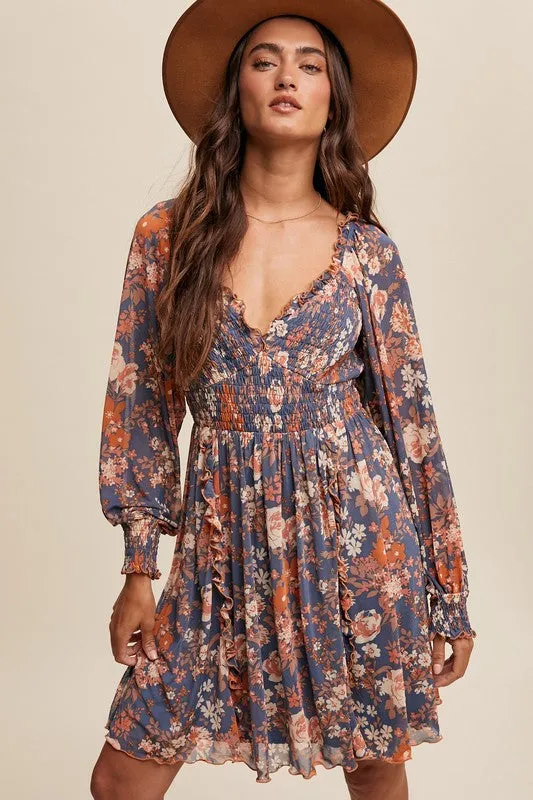 Hannah Floral Print Mesh Smocked Long sleeve Dress