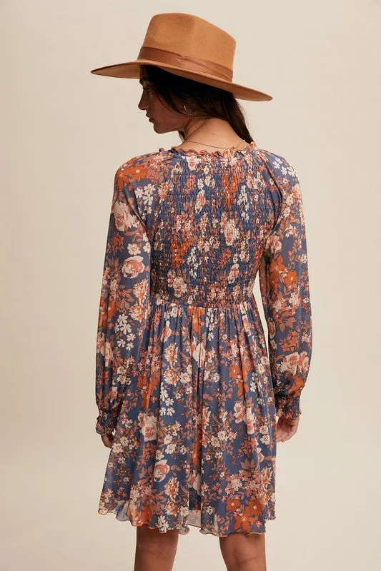 Hannah Floral Print Mesh Smocked Long sleeve Dress