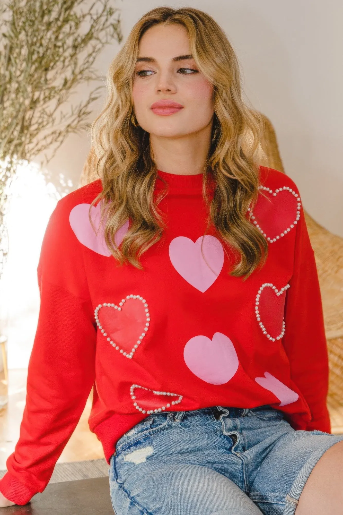 Heart Pattern With Pearl Embellished Sweatshirts