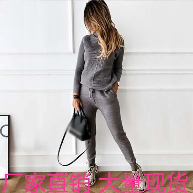 High Collar Casual Top And Trousers Sweater Suit