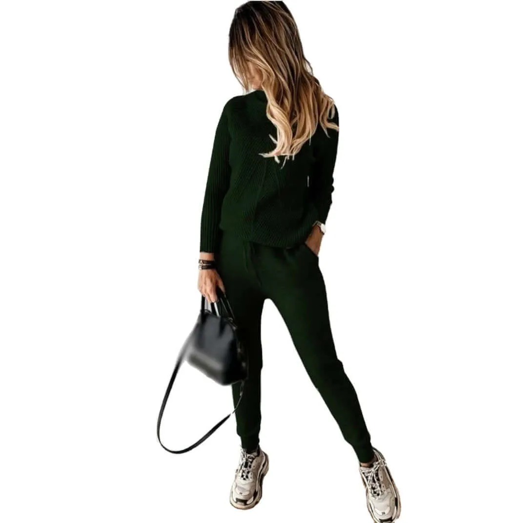 High Collar Casual Top And Trousers Sweater Suit