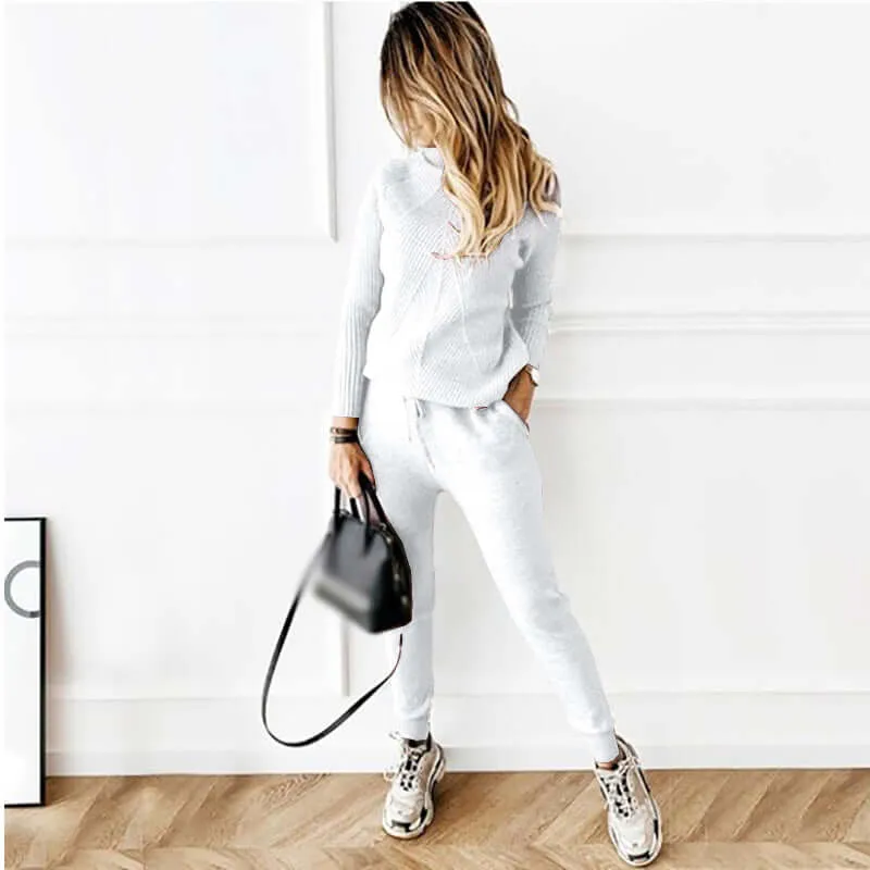 High Collar Casual Top And Trousers Sweater Suit