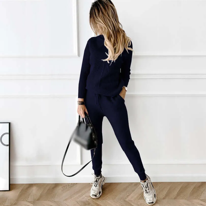 High Collar Casual Top And Trousers Sweater Suit