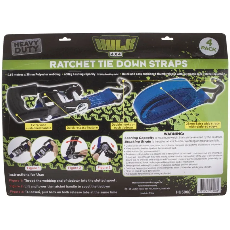 Hulk Heavy Duty Ratchet Tie Down Straps | Pack of 4