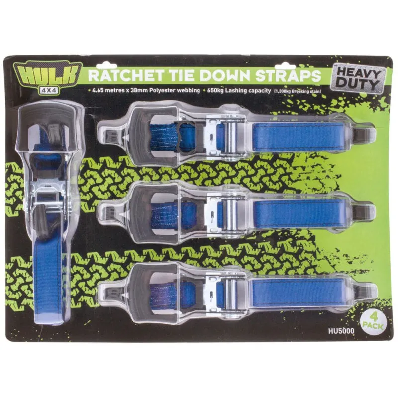 Hulk Heavy Duty Ratchet Tie Down Straps | Pack of 4