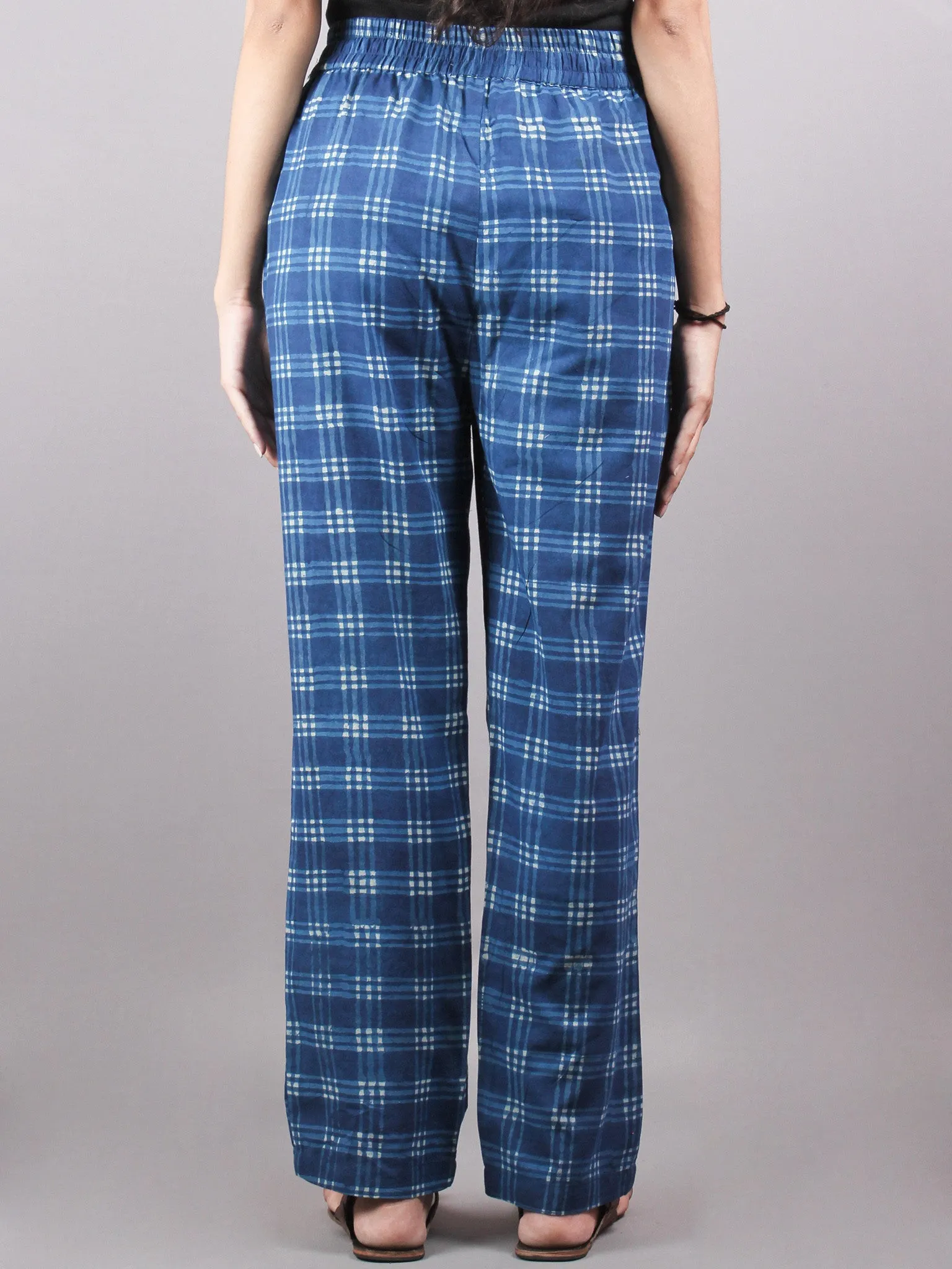 Indigo check Hand Block Printed Elasticated Waist Trousers- T0317033