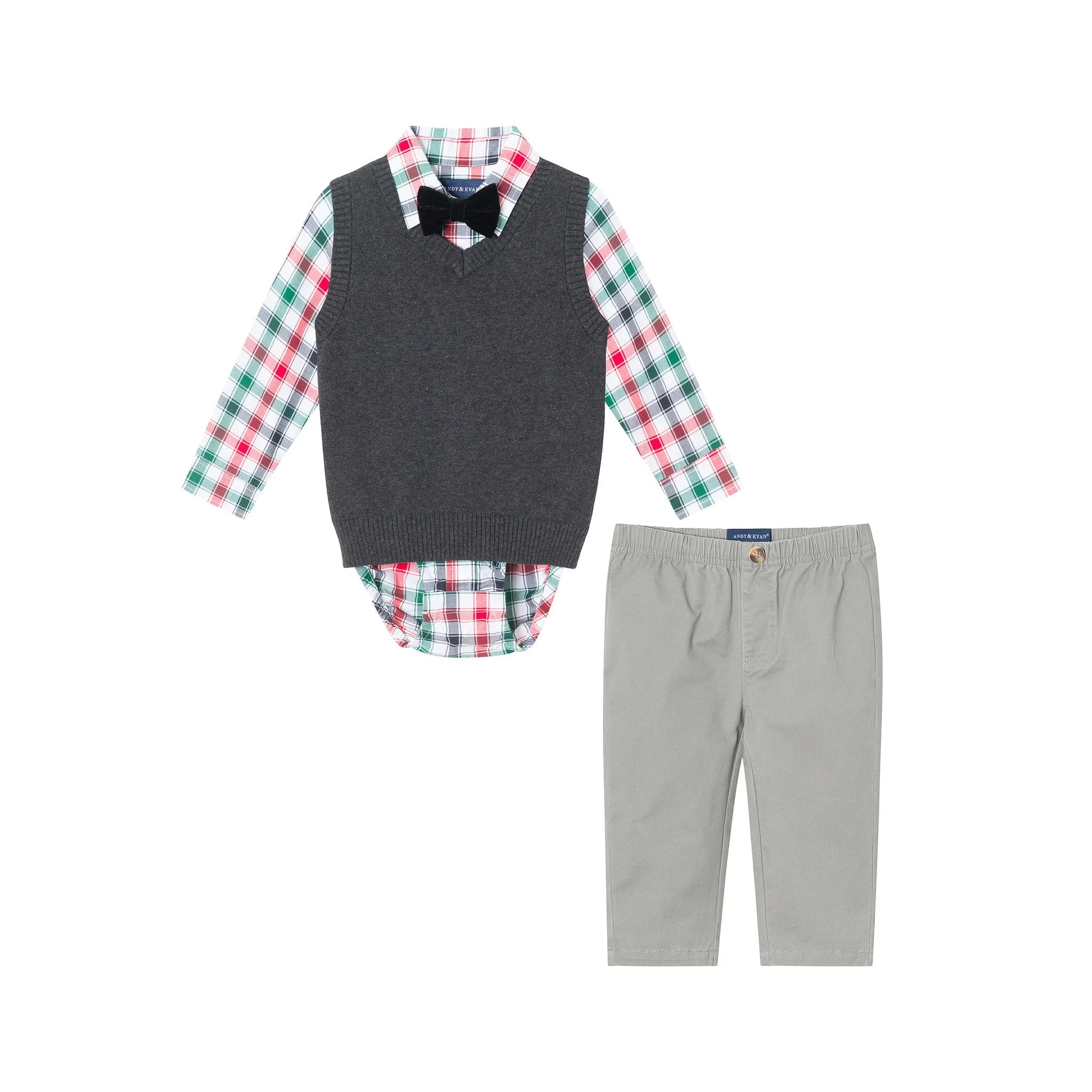 Infant 4-Piece Sweater Vest Set | Charcoal White Plaid