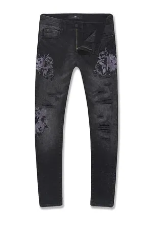 JORDAN CRAIG ETERNAL DARKNESS BLACK FLORAL EMBROIDERY JEANS