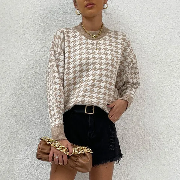 Khaki Houndstooth Pattern Drop Shoulder Sweater