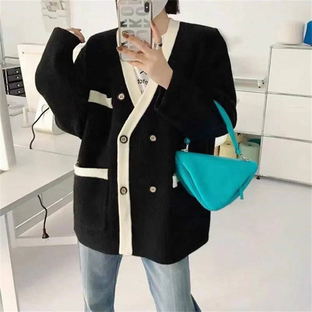 Knitting Sweater For Women V Neck Long Sleeve Casual Loose Spliced Double Breasted Sweater Female Fashion Clothes