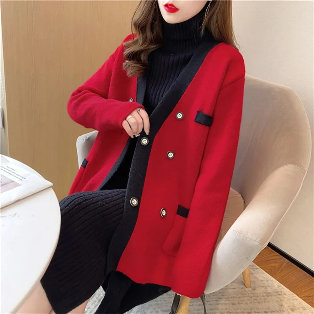 Knitting Sweater For Women V Neck Long Sleeve Casual Loose Spliced Double Breasted Sweater Female Fashion Clothes