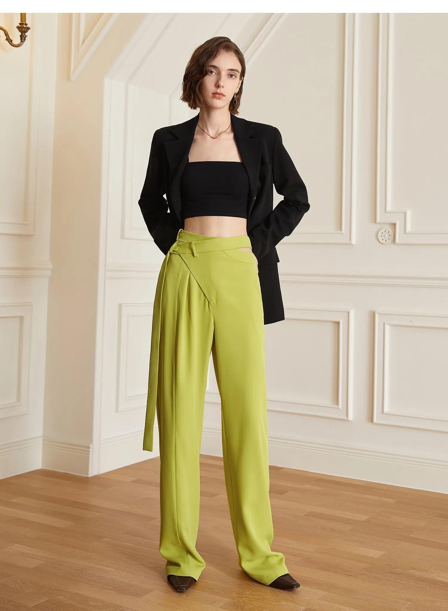 Lemon Yellow Asymmetrical High Waist Trousers- Bolin