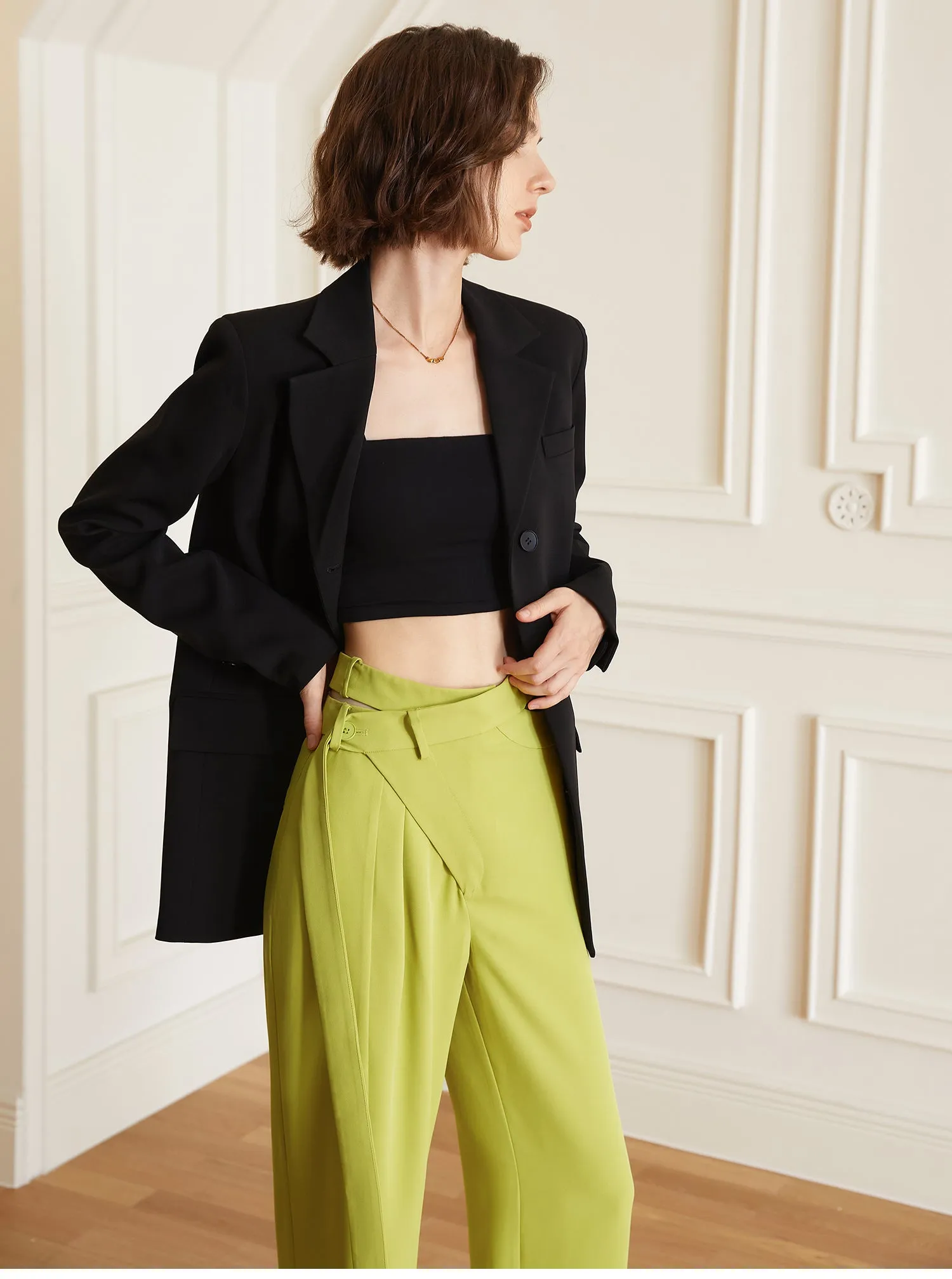 Lemon Yellow Asymmetrical High Waist Trousers- Bolin