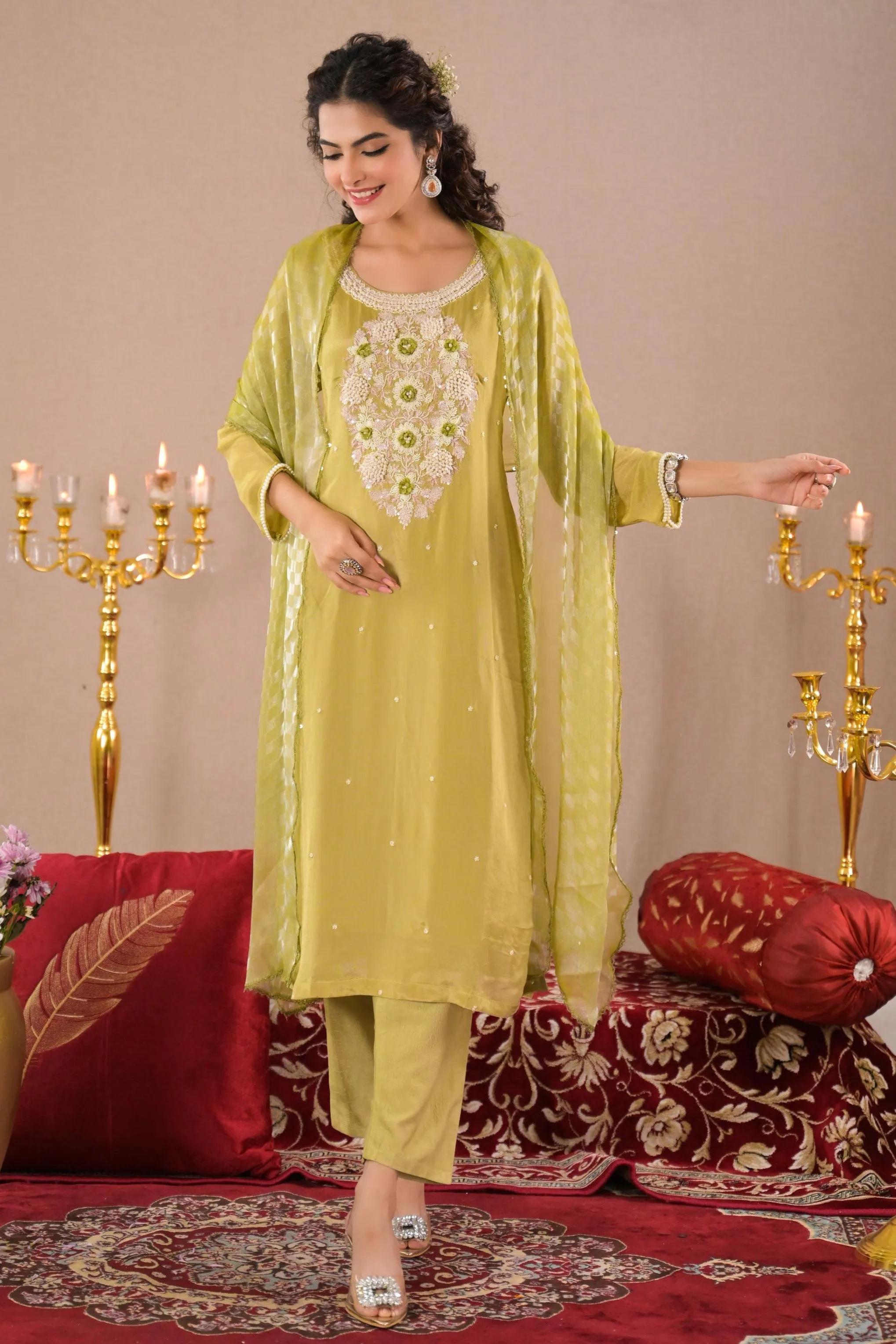 Light Green Embroidered Chinon Silk Pants Set