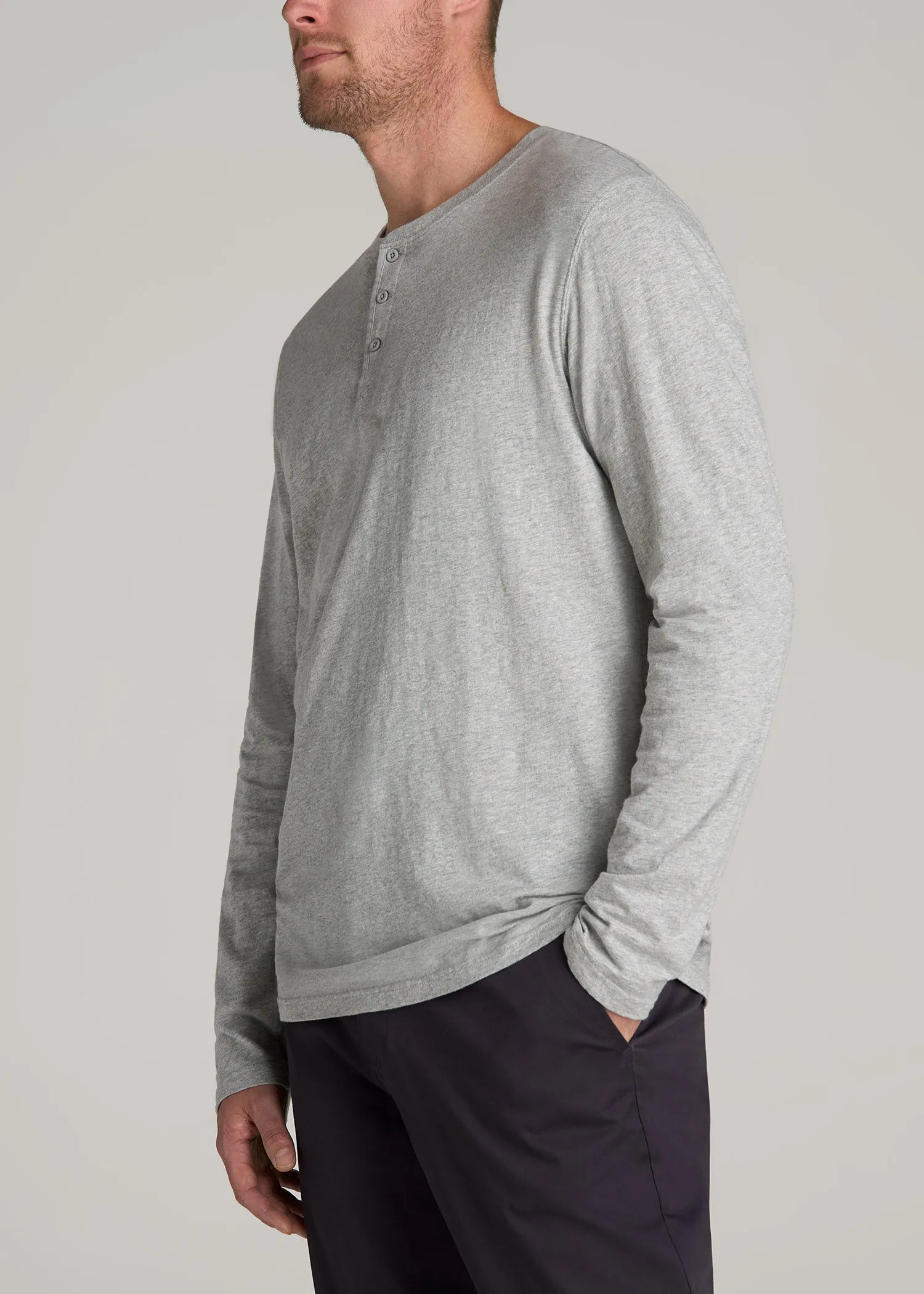 LJ&S Vintage Washed Slub Men's Tall Henley Shirt in Heathered Grey