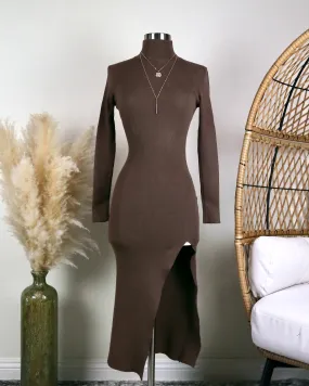 Long Sleeve Ribbed Bodycon Midi Dress With Side Slit in Brown