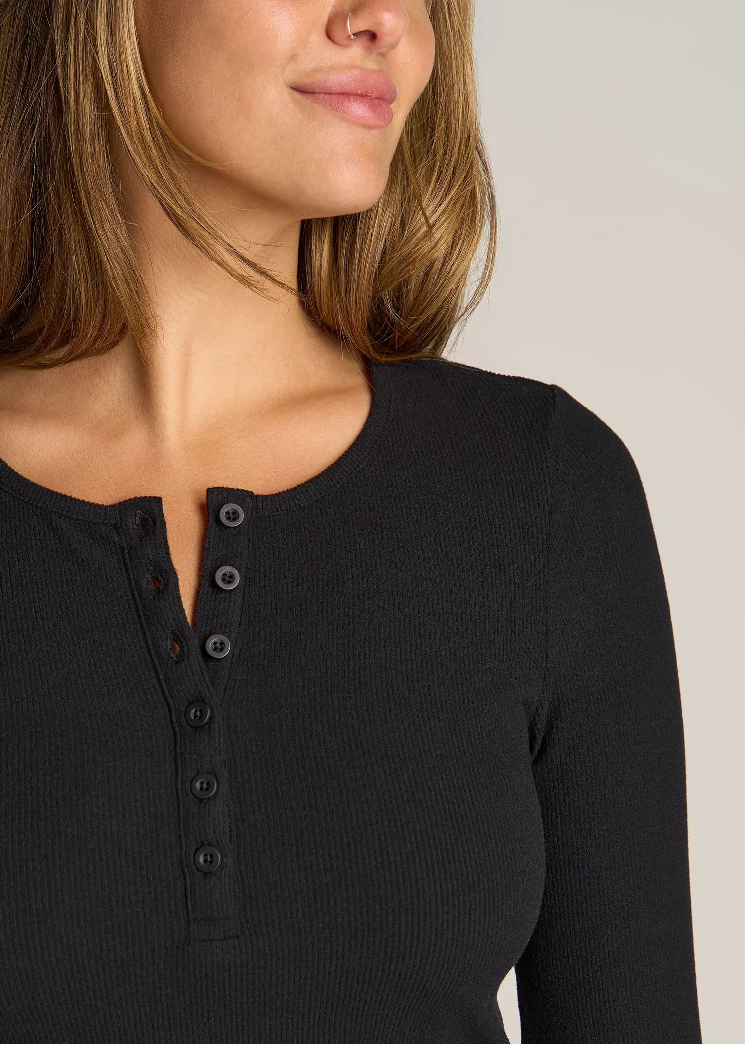 Long Sleeve Ribbed Crewneck Women's Tall Henley Shirt in Black