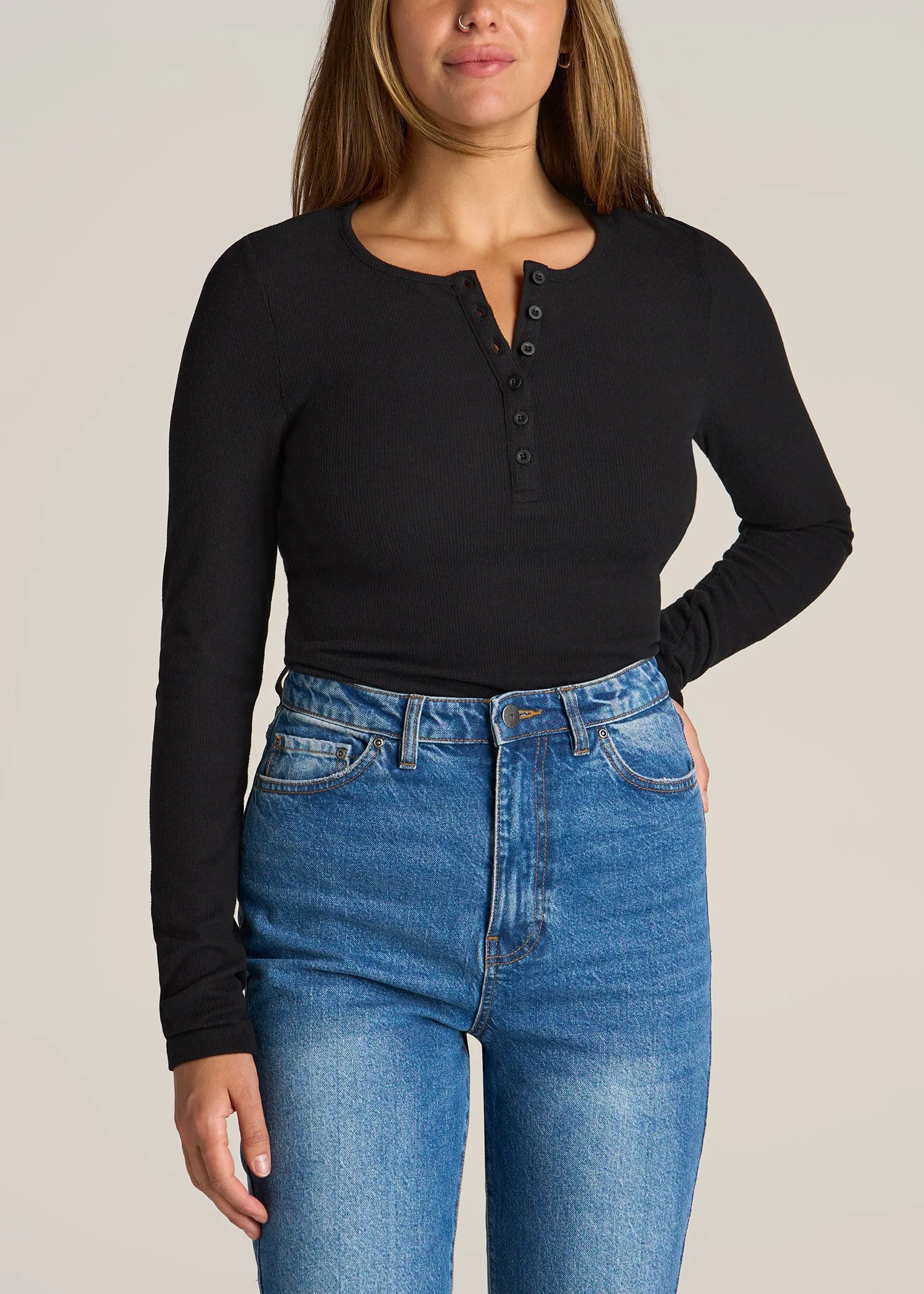 Long Sleeve Ribbed Crewneck Women's Tall Henley Shirt in Black