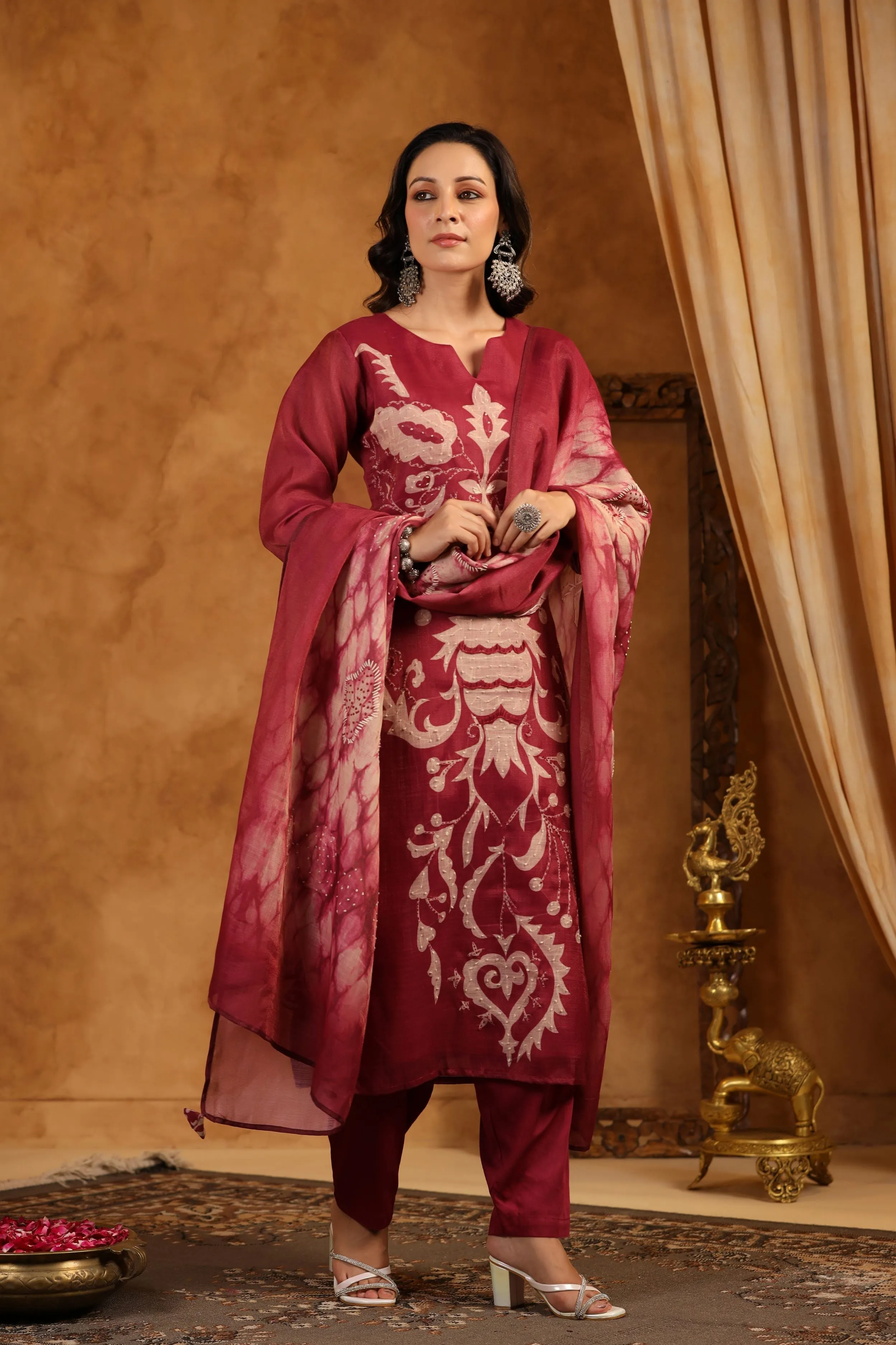 Maroon Embroidered Shimmer Linen Kurta Pants Set