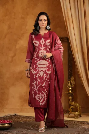 Maroon Embroidered Shimmer Linen Kurta Pants Set