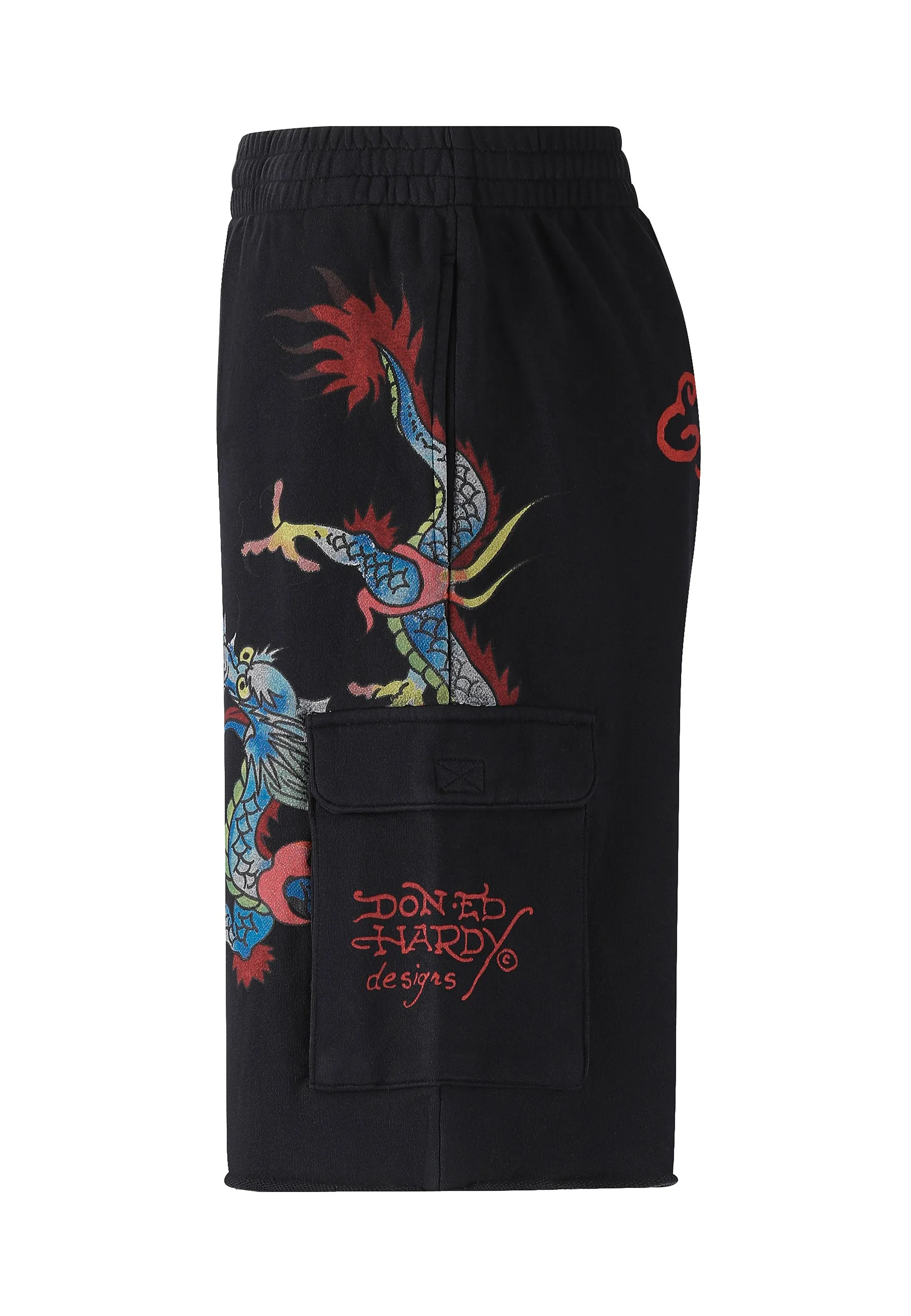 Mens Crawling Dragon Sweat Cargo Shorts - Black