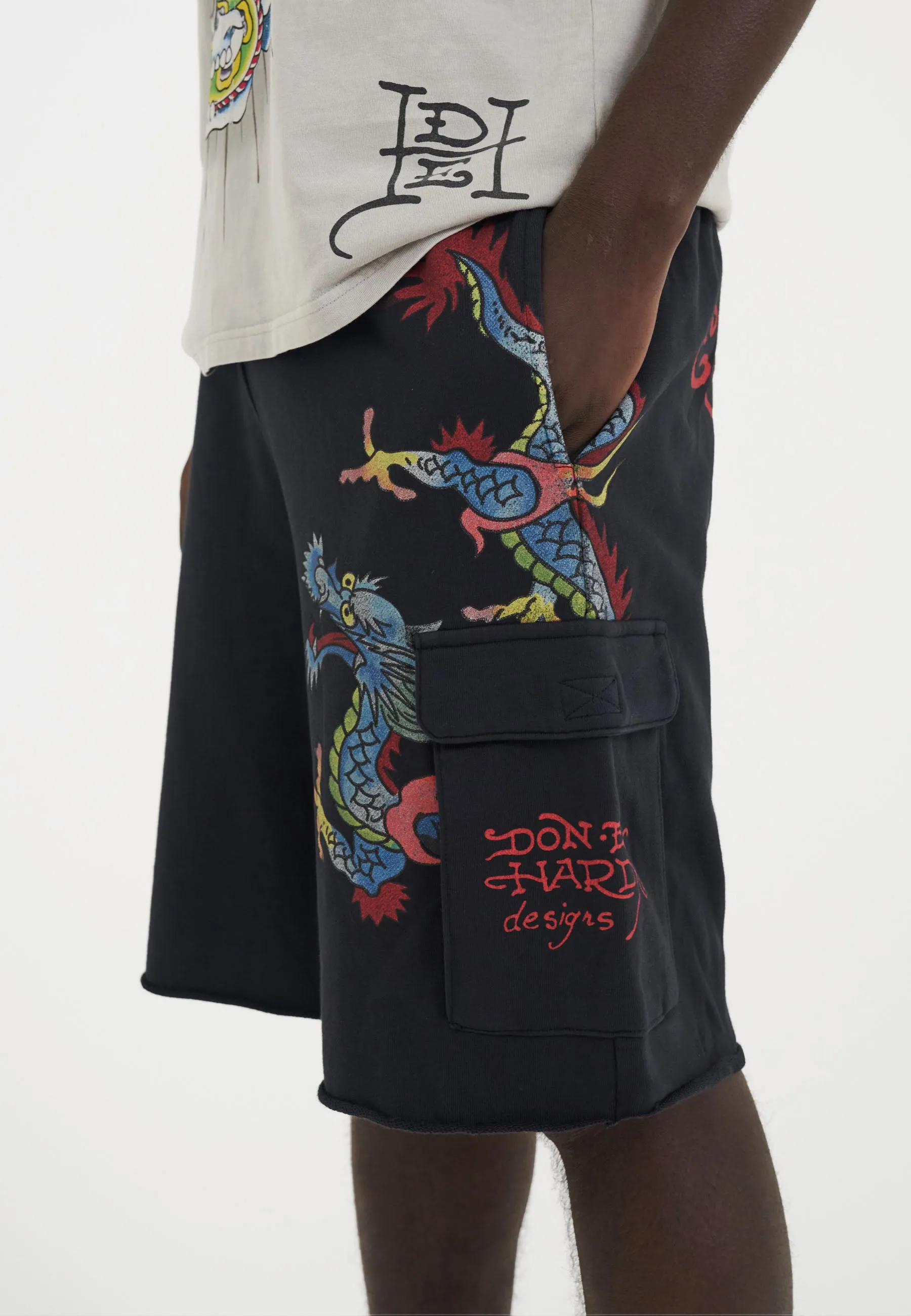 Mens Crawling Dragon Sweat Cargo Shorts - Black