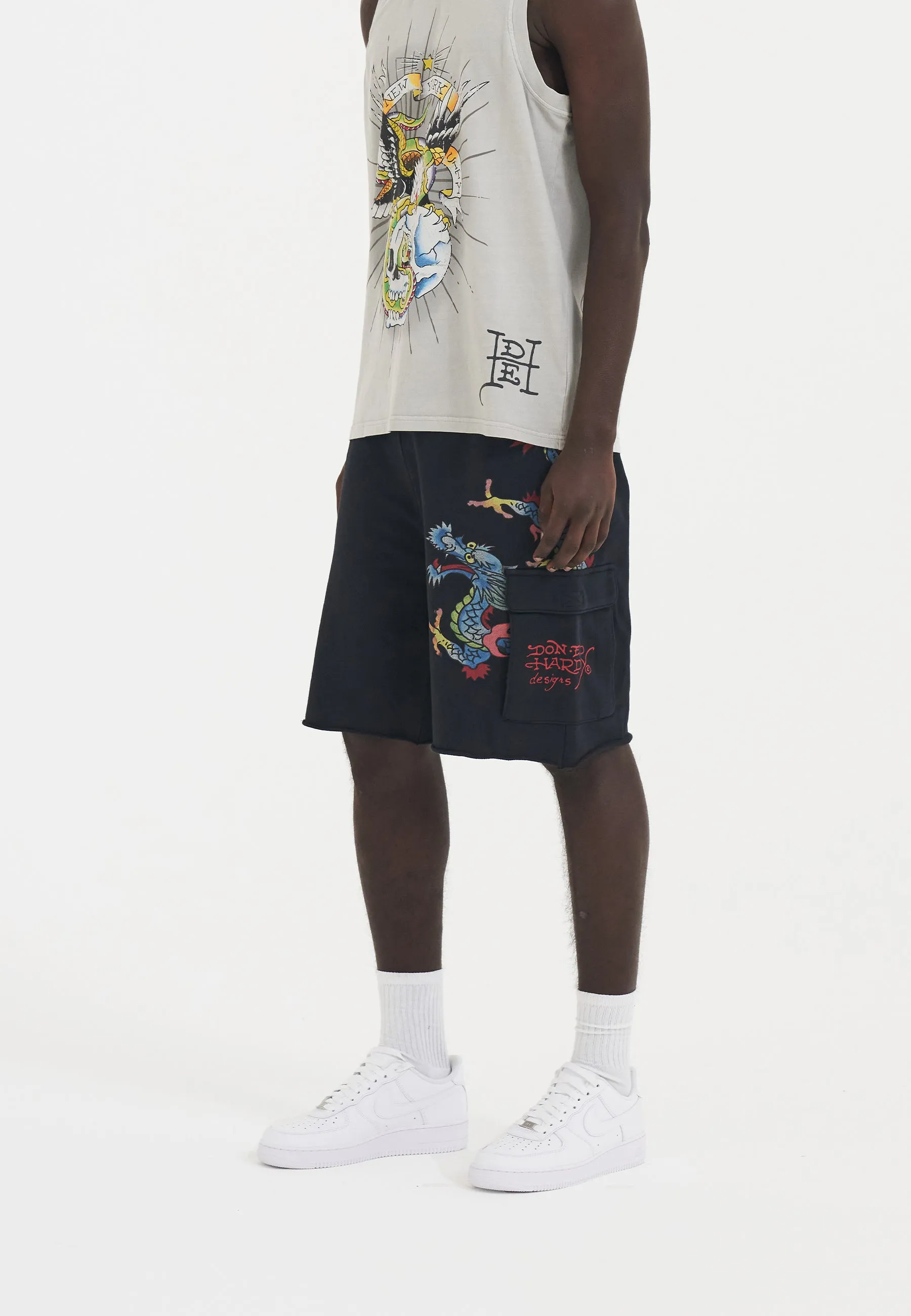 Mens Crawling Dragon Sweat Cargo Shorts - Black