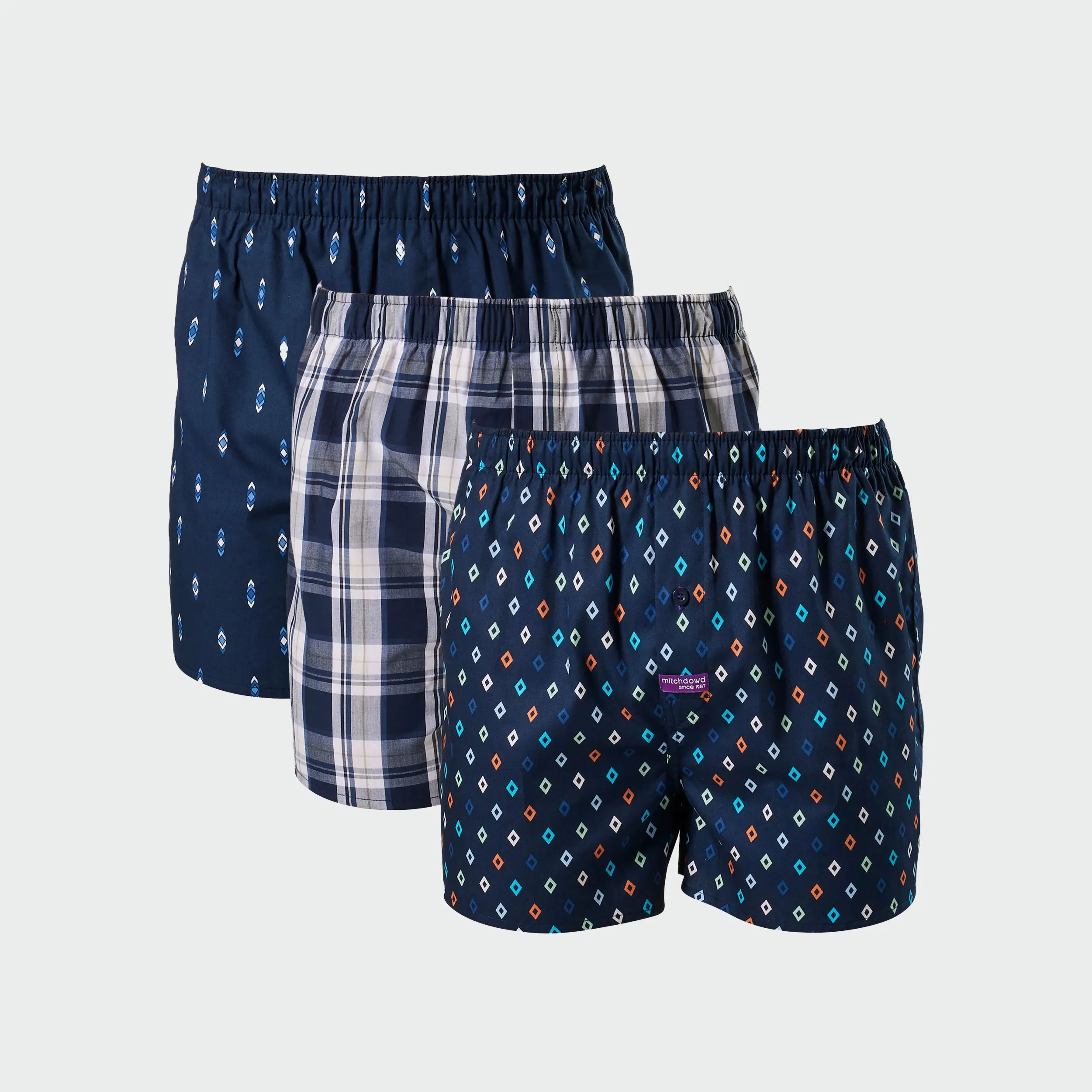 Men's Diamond Blue Cotton Boxer Shorts 3 Pack - Navy