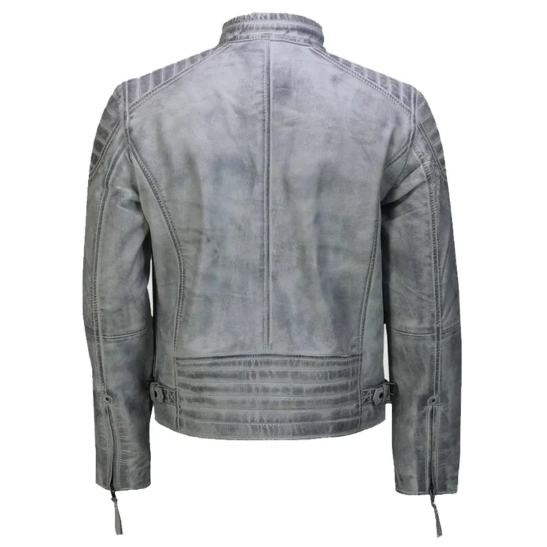 Men's Distressed Leather Cafe Racer Biker Motorcycle Jacket