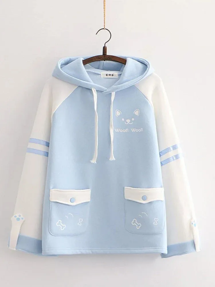 Metaversmall Japan Kawaii Fleece Warm Hoodie Women Cute Clothes Yellow Girls Thick Sweatshirt Female Winter Hooded Long Sleeve Pullovers Blue