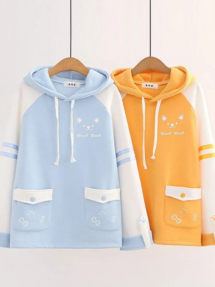 Metaversmall Japan Kawaii Fleece Warm Hoodie Women Cute Clothes Yellow Girls Thick Sweatshirt Female Winter Hooded Long Sleeve Pullovers Blue