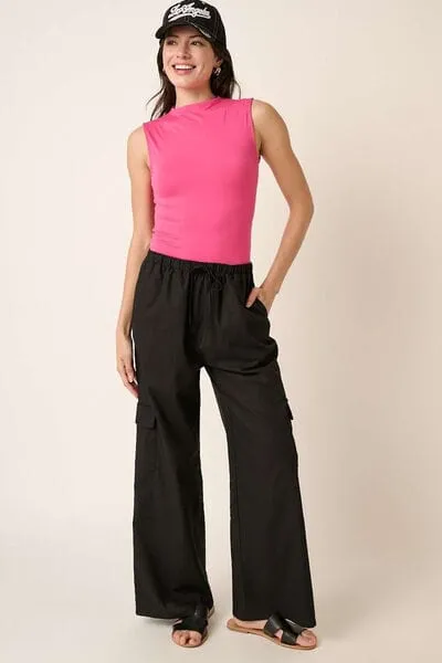 Mittoshop Linen Wide Leg Elastic Waist Cargo Pants