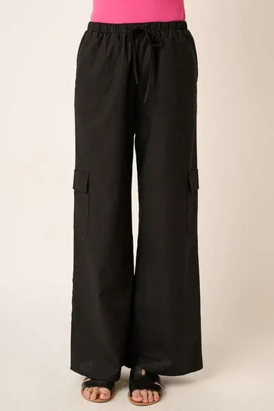 Mittoshop Linen Wide Leg Elastic Waist Cargo Pants