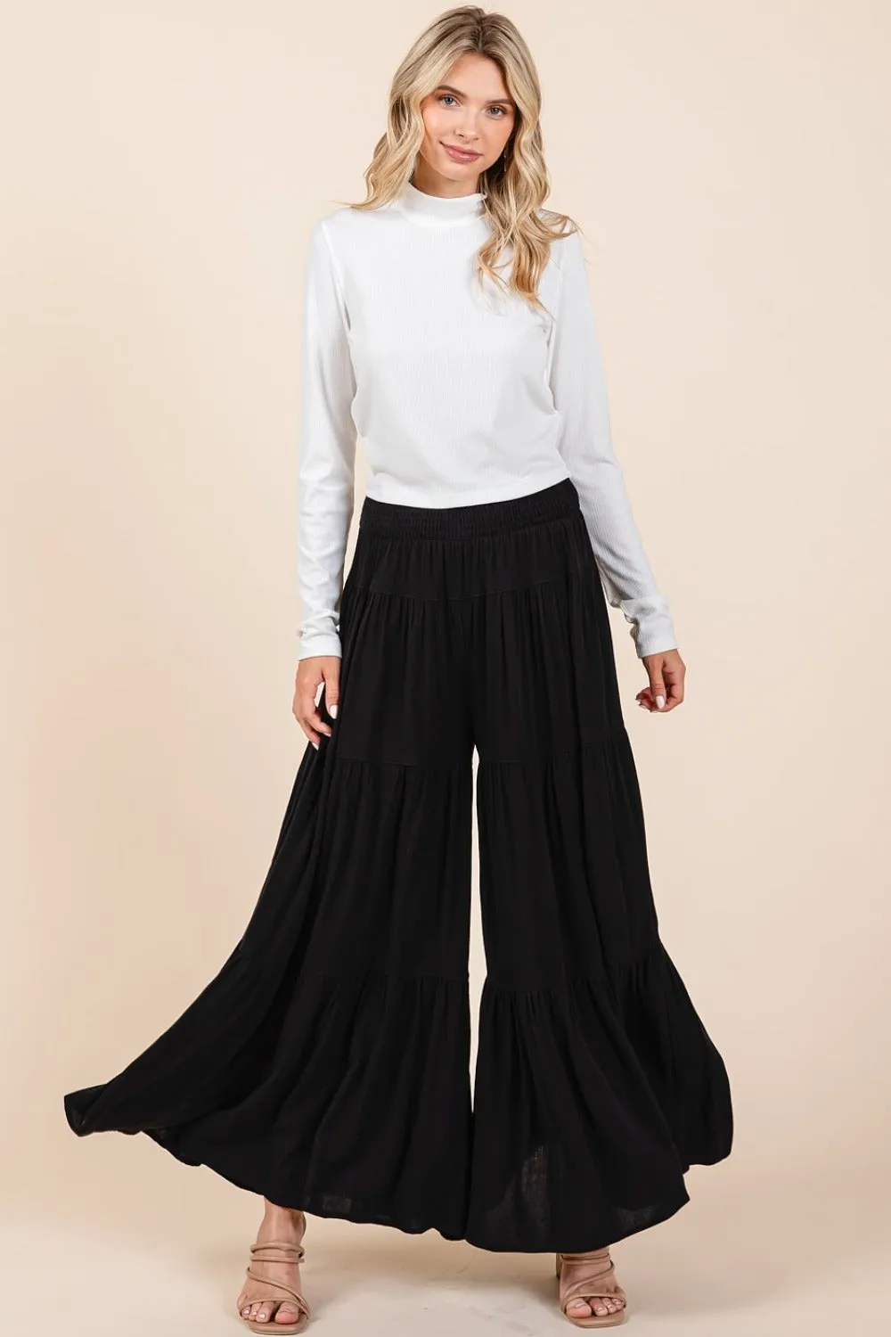 Mittoshop Tier Detail Smocked Elastic Waist Wide Leg Pants