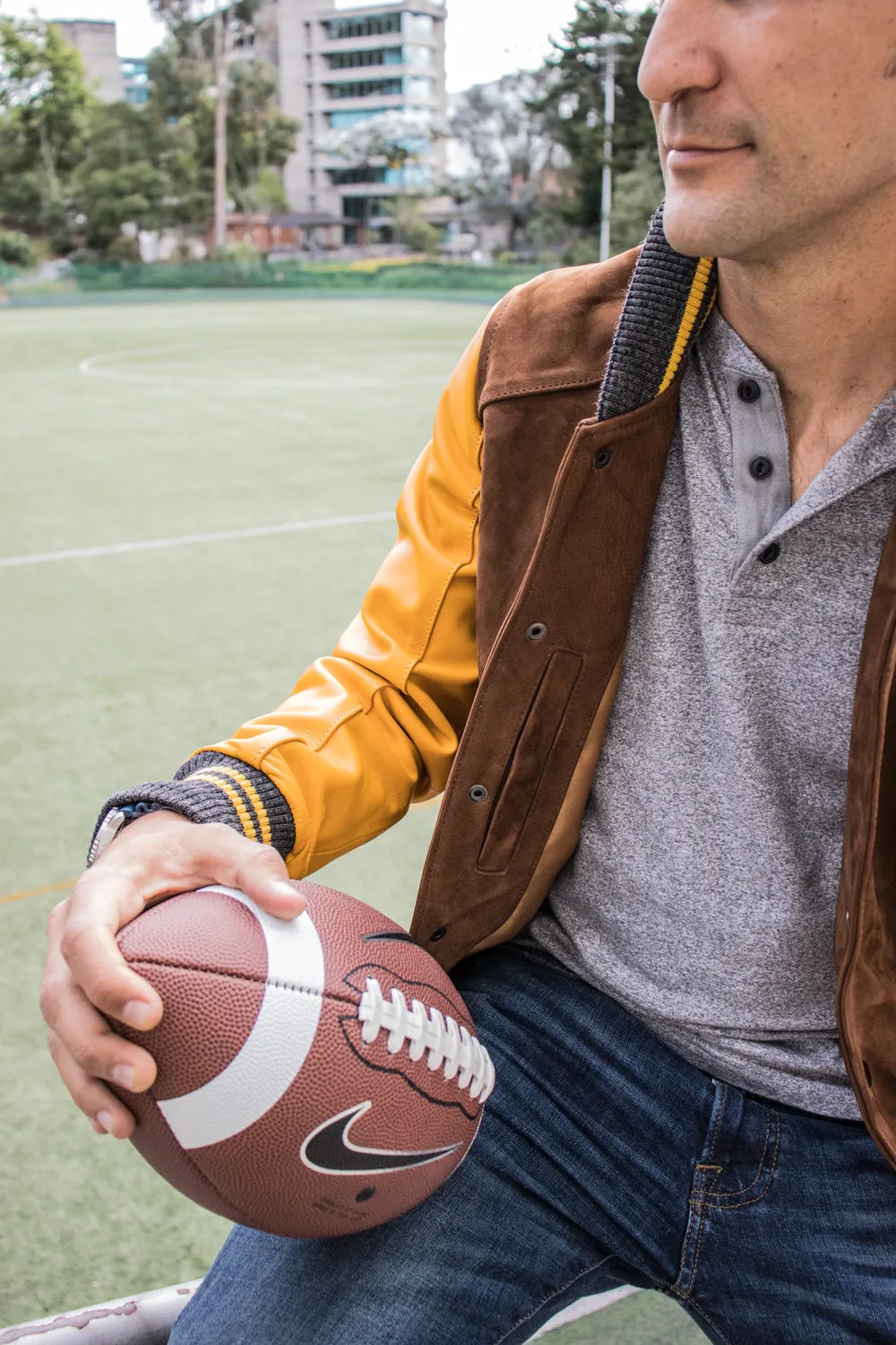 MONTANA Leather Suede Varsity Jacket - Brown & Yellow