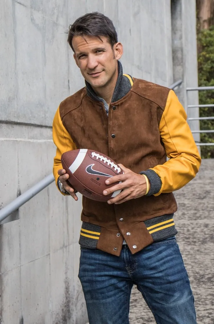 MONTANA Leather Suede Varsity Jacket - Brown & Yellow